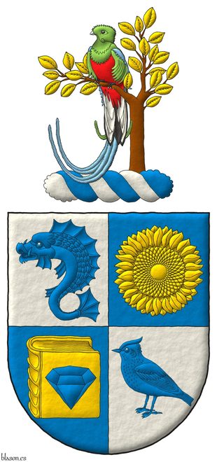 Escudo cuartelado: 1o de plata, un delfn hauriante de azur; 2o de azur, un girasol de oro; 3o de azur, un libro cerrado de oro cargado de un diamante de azur; 4o de plata, una alondra de azur. Timbrado de un burelete de plata y azur y cimado de una rama al natural, hojada de oro, con un quetzal posado al natural.