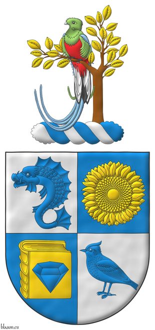 Quarterly: 1 Argent, a dolphin haurient Azure; 2 Azure, a sunflower Or; 3 Azure, on a closed book Or a diamond Azure; 4 Argent, a lark Azure. Crest: Upon a wreath Argent and Azure a quetzal perched in tree branch proper, leaved Or.