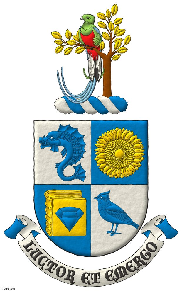 Escudo cuartelado: 1o de plata, un delfn hauriante de azur; 2o de azur, un girasol de oro; 3o de azur, un libro cerrado de oro cargado de un diamante de azur; 4o de plata, una alondra de azur. Timbrado de un burelete de plata y azur y cimado de una rama al natural, hojada de oro, con un quetzal posado al natural. Lema: Luctor et Emergo.