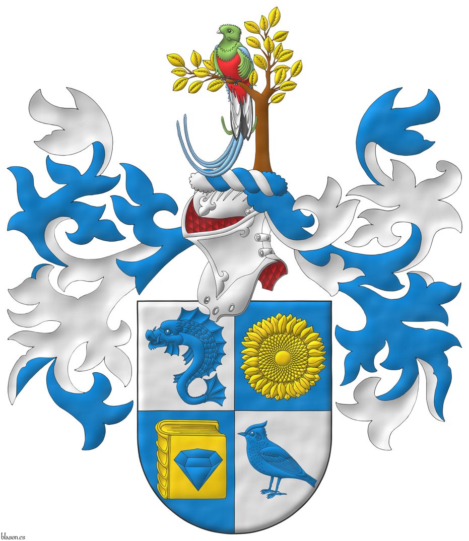 Quarterly: 1 Argent, a dolphin haurient Azure; 2 Azure, a sunflower Or; 3 Azure, on a closed book Or a diamond Azure; 4 Argent, a lark Azure. Crest: Upon a helm with a wreath Argent and Azure a quetzal perched in a tree branch proper, leaved Or. Mantling: Azure doubled Argent.