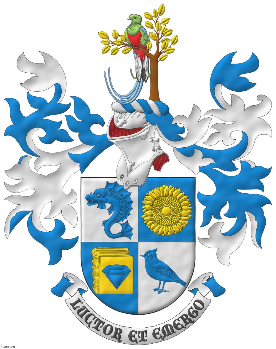 Quarterly: 1 Argent, a dolphin haurient Azure; 2 Azure, a sunflower Or; 3 Azure, on a closed book Or a diamond Azure; 4 Argent, a lark Azure. Crest: Upon a helm with a wreath Argent and Azure a quetzal perched in a tree branch proper, leaved Or. Mantling: Azure doubled Argent. Motto: Luctor et Emergo.