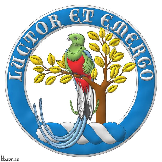 Upon a wreath Argent and Azure a quetzal perched in a tree branch proper, leaved Or, surrounded by an annulet Azure, fimbriated and inscribed in chief with the motto Luctor et Emergo Argent.