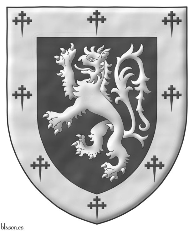 Sable, a tyger rampant Argent; a bordure Argent charged with eight crosses crosslet fitchy Sable.