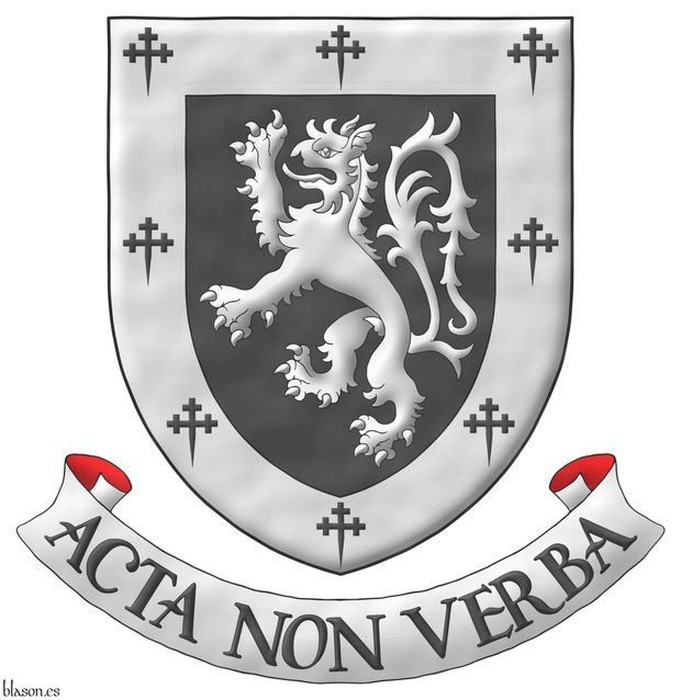 Sable, a tyger rampant Argent; a bordure Argent charged with eight crosses crosslet fitchy Sable. Motto: Acta Non Verba over a scroll Argent doubled Gules.