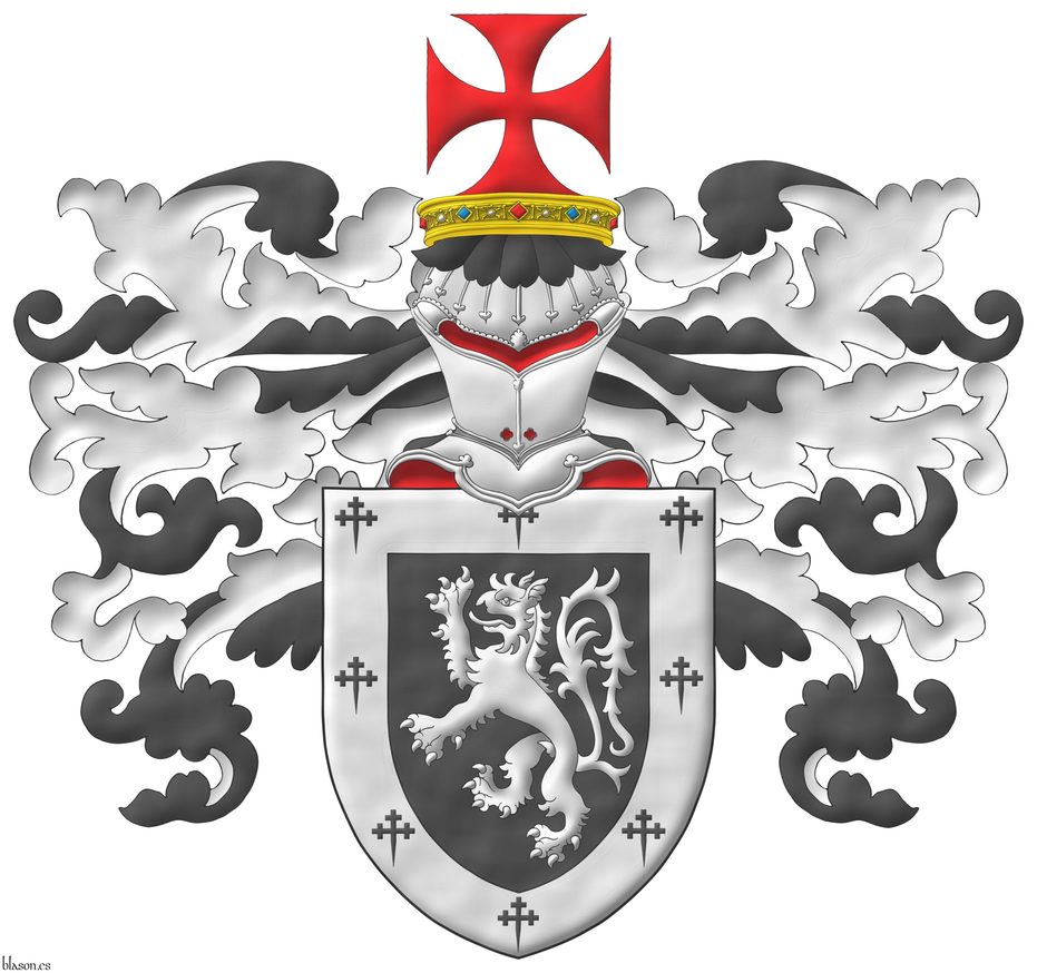 Sable, a tyger rampant Argent; a bordure Argent charged with eight crosses crosslet fitchy Sable. Crest: Upon a helm affronty lined Gules, issuant from a crown of Knight, a cross patty Gules. Mantling: Sable doubled Argent.