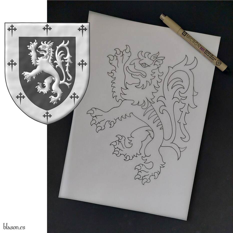 Sable, a tyger rampant Argent; a bordure Argent charged with eight crosses crosslet fitchy Sable.