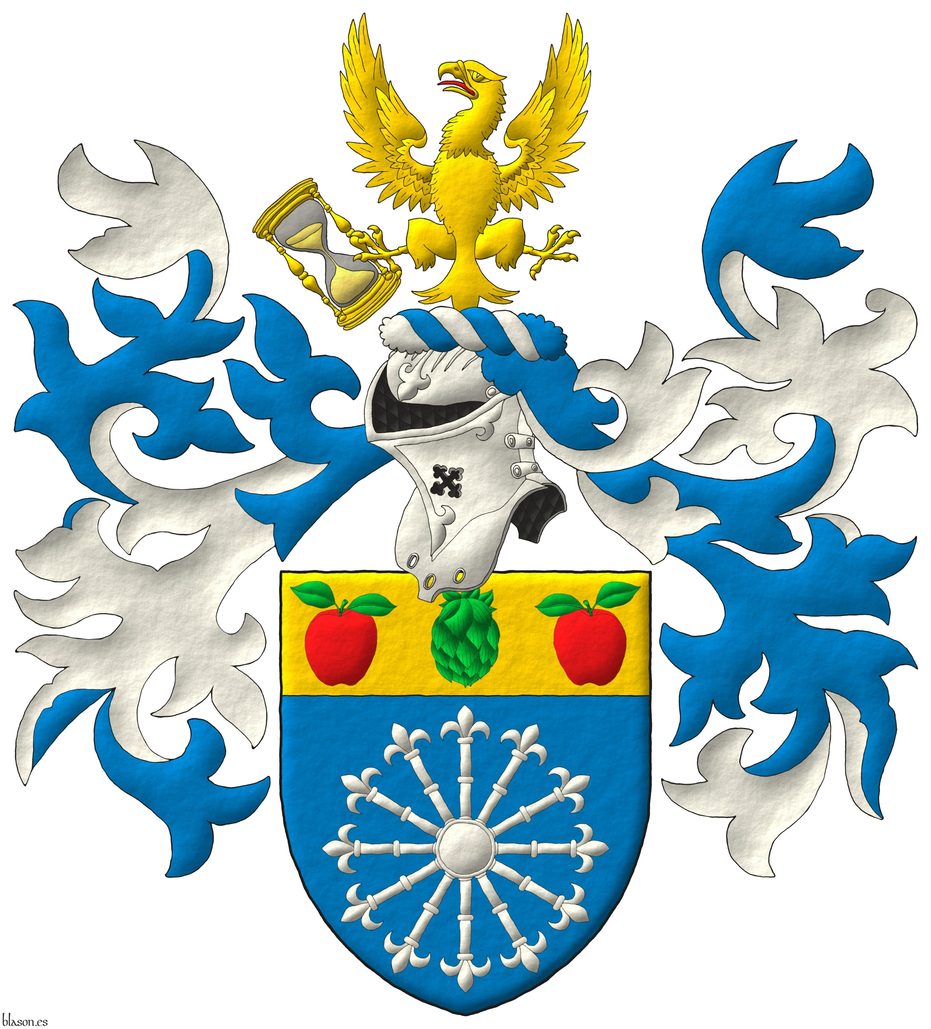 Azure, a carbuncle of twelve rays Argent; on a chief Or, a hop cone Vert between two apples Gules, slipped and leaved Vert. Crest: Upon a helm, with a wreath Argent and Azure, an eagle displayed Or, langued Gules, holding in his dexter talon an hourglass bendwise proper. Mantling: Azure doubled Argent.