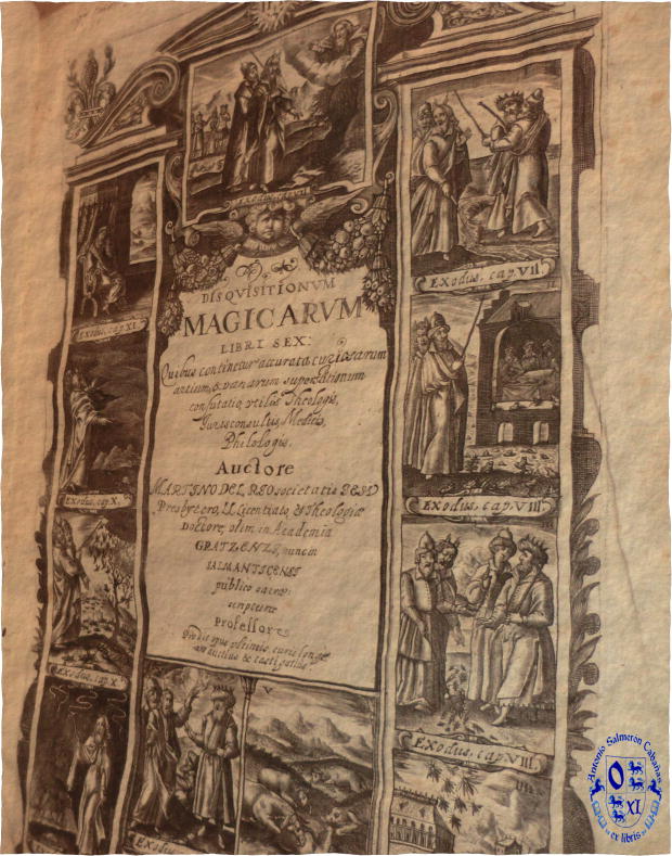 Ex libris over the inner cover of the Disquisitionum Magicarum Libri Sex
