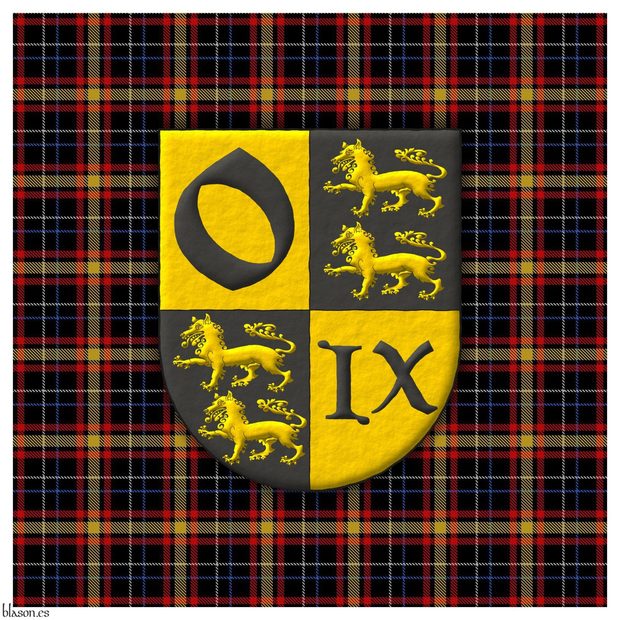 Quarterly: 1 Or, an o Sable; 2 and 3 Sable, two wolves passant, in pale Or; 4 Or, an IX Sable.