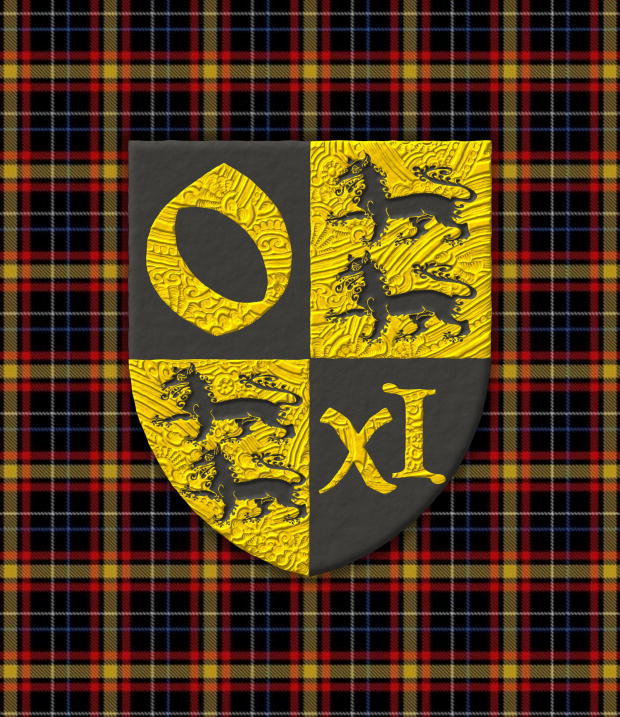 Quarterly: 1 Sable, an «o» Or; 2 and 3 Or, two Wolves passant, in pale Sable; 4 Sable, an «XI» Or.