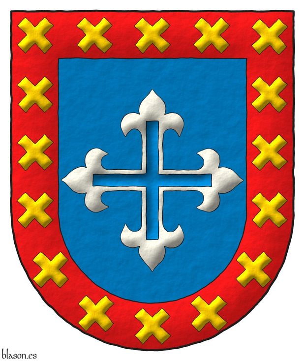 Escudo de azur, una cruz hueca flordelisada de plata; una bordura de gules cargada de diecisis sotueres cortados de oro.