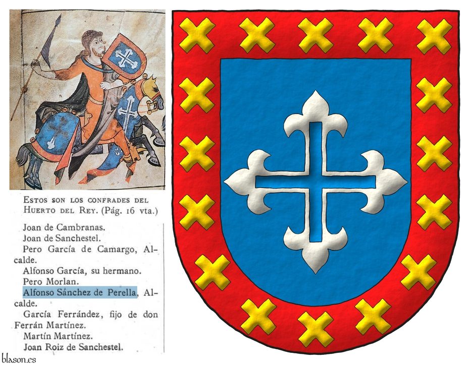 Escudo de azur, una cruz hueca flordelisada de plata; una bordura de gules cargada de diecisis sotueres cortados de oro.