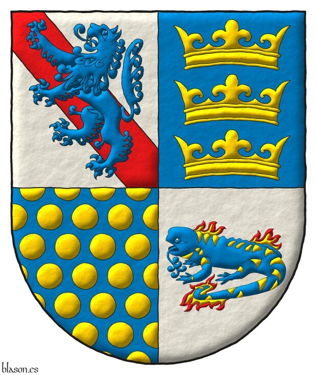 Escudo cuartelado: 1o de plata, una banda de gules, y brochante, un le�n de azur, rampante; 2o de azur, tres coronas de oro, en palo; 3o de azur, sembrado de bezantes de oro; 4o de plata, una salamandra de azur, manchada de oro, puesta en faja, en fuego de oro y gules.