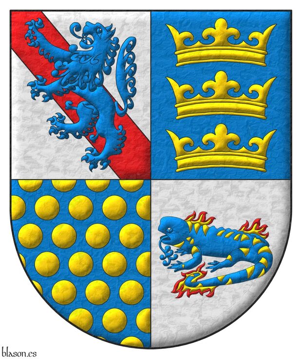 Quarterly: 1 Argent, a bend Gules, overall a lion rampant Azure; 2 Azure, three crowns in pale Or; 3 Azure sem� of bezants; 4 Argent, a salamander fesswise Azure, spotted Or, enflamed Or and Gules.