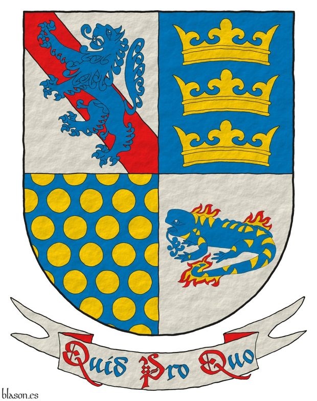 Escudo cuartelado: 1o de plata, una banda de gules, y brochante, un le�n de azur, rampante; 2o de azur, tres coronas de oro, en palo; 3o de azur, sembrado de bezantes de oro; 4o de plata, una salamandra de azur, manchada de oro, puesta en faja, en fuego de oro y gules. Lema: �Quid Pro Quo�.