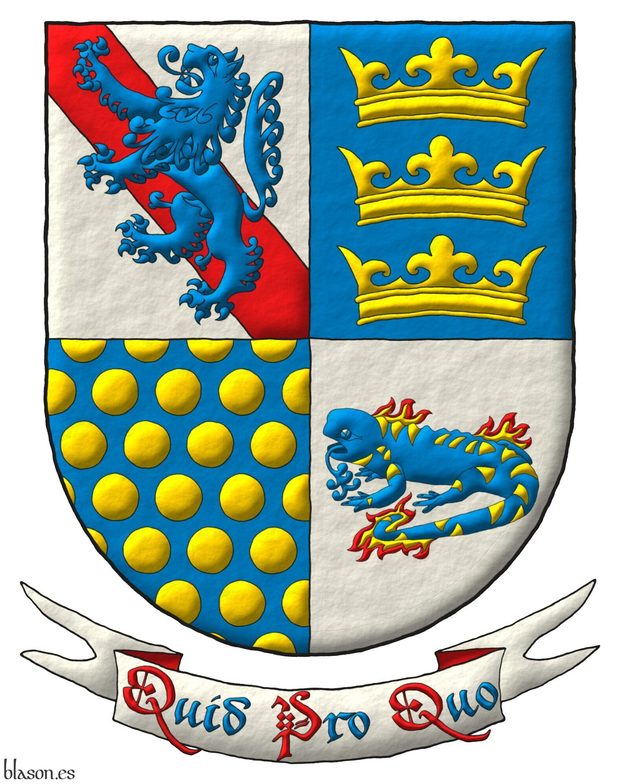 Escudo cuartelado: 1o de plata, una banda de gules, y brochante, un le�n de azur, rampante; 2o de azur, tres coronas de oro, en palo; 3o de azur, sembrado de bezantes de oro; 4o de plata, una salamandra de azur, manchada de oro, puesta en faja, en fuego de oro y gules. Lema: �Quid Pro Quo�.