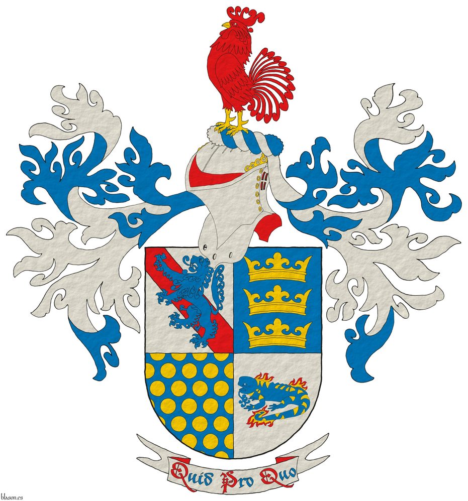 Escudo cuartelado: 1o de plata, una banda de gules, y brochante, un le�n de azur, rampante; 2o de azur, tres coronas de oro, en palo; 3o de azur, sembrado de bezantes de oro; 4o de plata, una salamandra de azur, manchada de oro, puesta en faja, en fuego de oro y gules. Timbrado de un yelmo, lambrequines de azur y plata, un burelete de plata y azur, cimado de un gallo de gules, picado y membrado de oro. Lema: �Quid Pro Quo�.