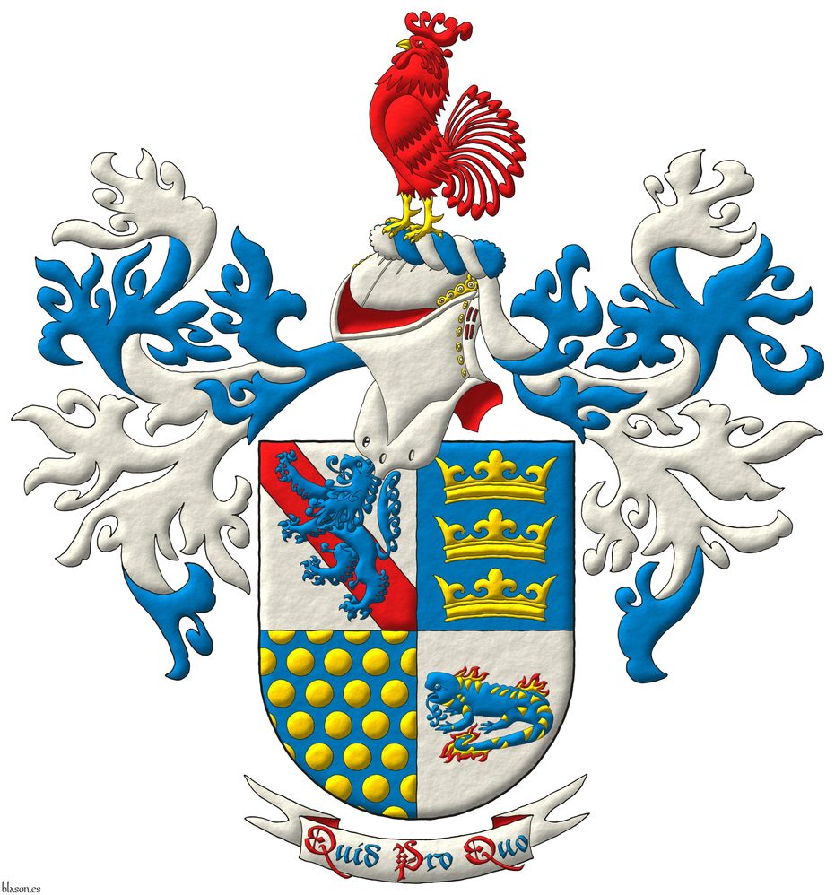 Escudo cuartelado: 1o de plata, una banda de gules, y brochante, un le�n de azur, rampante; 2o de azur, tres coronas de oro, en palo; 3o de azur, sembrado de bezantes de oro; 4o de plata, una salamandra de azur, manchada de oro, puesta en faja, en fuego de oro y gules. Timbrado de un yelmo, lambrequines de azur y plata, un burelete de plata y azur, cimado de un gallo de gules, picado y membrado de oro. Lema: �Quid Pro Quo�.
