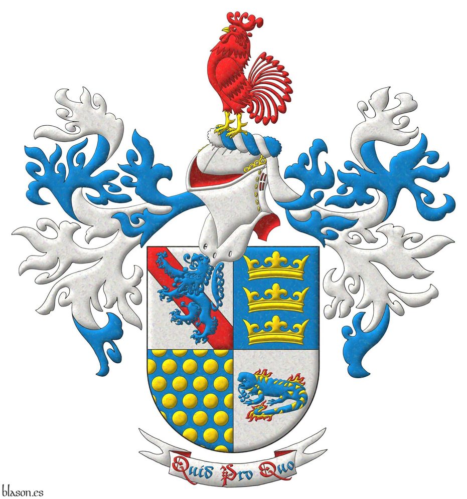 Quarterly: 1 Argent, a bend Gules, overall a lion rampant Azure; 2 Azure, three crowns in pale Or; 3 Azure sem� of bezants; 4 Argent, a salamander fesswise Azure, spotted Or, enflamed Or and Gules. Crest: Upon a helm with a wreath Argent and Azure, a rooster Gules, beaked and membered Or. Mantling: Azure doubled Argent. Motto: �Quid Pro Quo�.