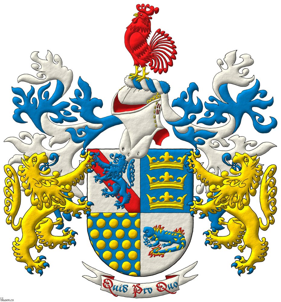 Escudo cuartelado: 1o de plata, una banda de gules, y brochante, un le�n de azur, rampante; 2o de azur, tres coronas de oro, en palo; 3o de azur, sembrado de bezantes de oro; 4o de plata, una salamandra de azur, manchada de oro, puesta en faja, en fuego de oro y gules. Timbrado de un yelmo, lambrequines de azur y plata, un burelete de plata y azur, cimado de un gallo de gules, picado y membrado de oro. Soportes: dos leones rampantes de oro, armados, lampasados y fierezados de azur. Lema: �Quid Pro Quo�.