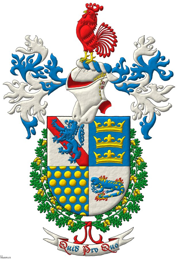 Escudo cuartelado: 1o de plata, una banda de gules, y brochante, un le�n de azur, rampante; 2o de azur, tres coronas de oro, en palo; 3o de azur, sembrado de bezantes de oro; 4o de plata, una salamandra de azur, manchada de oro, puesta en faja, en fuego de oro y gules. Timbrado de un yelmo, lambrequines de azur y plata, un burelete de plata y azur, cimado de un gallo de gules, picado y membrado de oro. El escudo est� rodeado de dos ramas de roble de sinople, frutadas de oro, unidas por una cinta de gules. Lema: �Quid Pro Quo�.