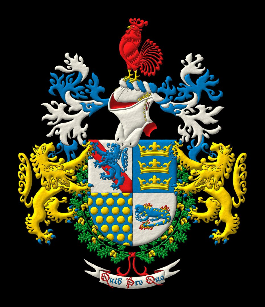 Quarterly: 1 Argent, a bend Gules, overall a lion rampant Azure; 2 Azure, three crowns in pale Or; 3 Azure sem� of bezants; 4 Argent, a salamander fesswise Azure, spotted Or, enflamed Or and Gules. Crest: Upon a helm with a wreath Argent and Azure, a rooster Gules, beaked and membered Or. Mantling: Azure doubled Argent. Supporters: Two lions rampant Or, armed and langued Azure. The shield is surrounded by two oak branches Vert, fructed Or, tied with a ribbon Gules. Motto: �Quid Pro Quo�.