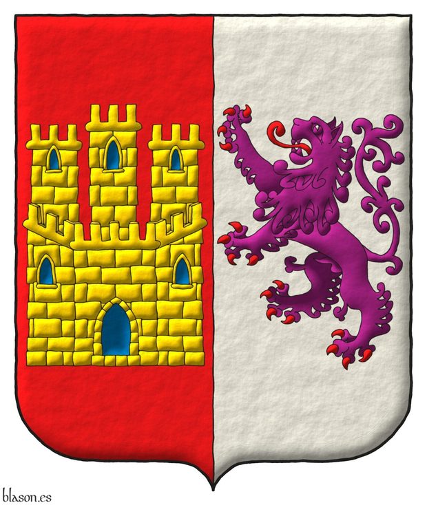 Party per pale: 1 Gules, a castle triple-towered Or, port and windows Azure, and masoned Sable; 2 Argent, a lion rampant Purpure, armed and langued Gules.