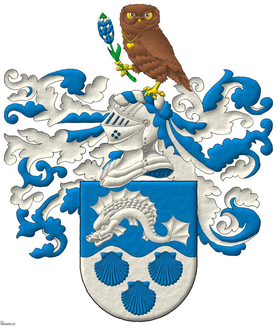 Escudo cortado ondado: 1o de azur, un delfn nadante; 2o de plata, tres veneras de azur. Timbrado de un yelmo forrado de azur, adornado de dos lambrequines de azur doblados de plata, un burelete de plata y azur, cimado de un bho de leonado, armado, picado, membrado, encendido, y con un corazon pendiente de un collar todo de oro, teniendo entre sus garras diestras un Lupinus texensis al natural.