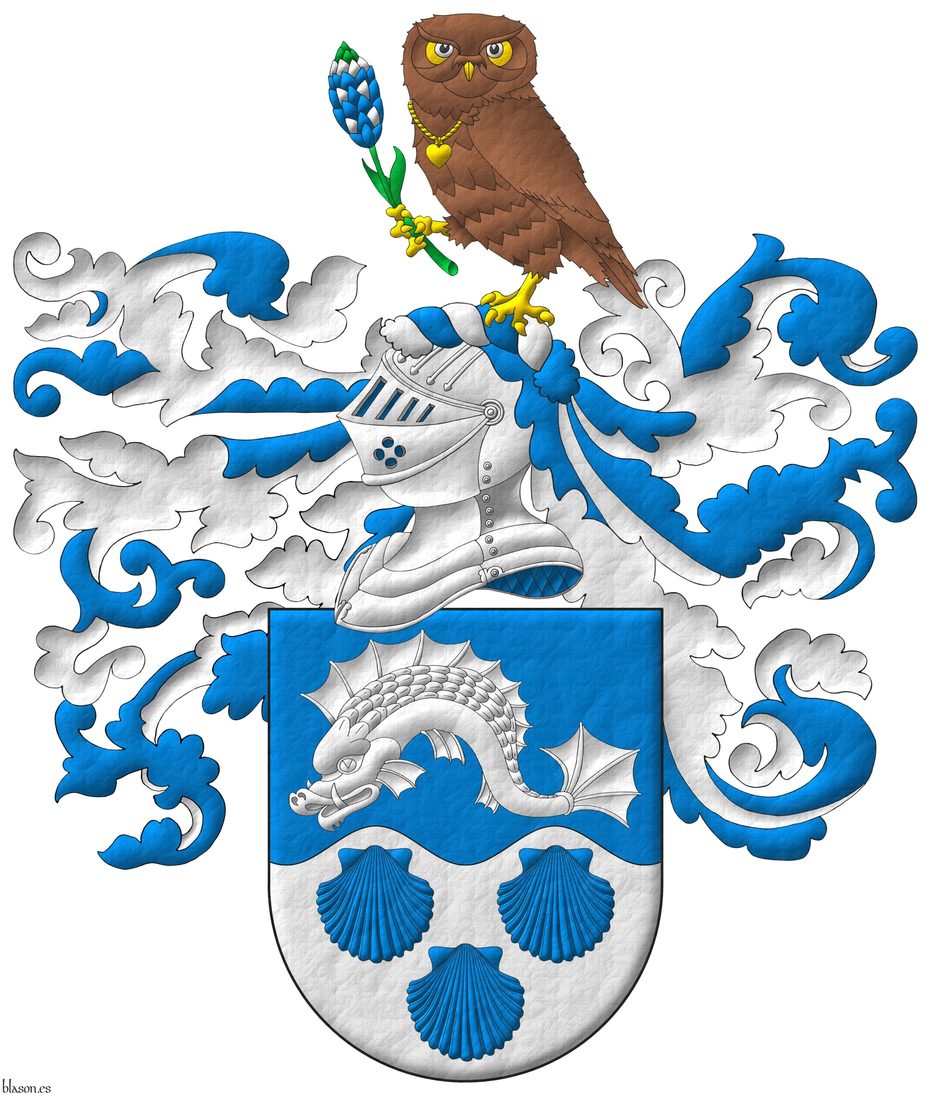 Party per fess wavy: 1 Azure, a dolphin naiant; 2 Argent, three escallops Azure. Crest: Upon a helm lined Azure with a wreath Argent and Azure, an owl Tenn, armed, beaked, membered, the eyes, and wearing a necklace with a pendant heart Or, grasping with its dexter foot a bluebonnet proper. Mantling Azure doubled Argent.