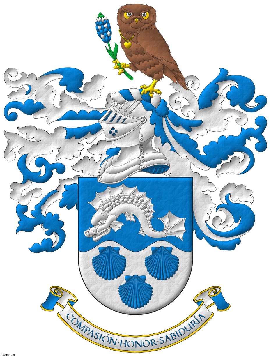 Party per fess wavy: 1 Azure, a dolphin naiant; 2 Argent, three escallops Azure. Crest: Upon a helm lined Azure with a wreath Argent and Azure, an owl Tenn, armed, beaked, membered, the eyes, and wearing a necklace with a pendant heart Or, grasping with its dexter foot a bluebonnet proper. Mantling Azure doubled Argent. Motto: Compasin  Honor  Sabidura Azure, over a scroll Argent doubled Azure, fimbriated Or.