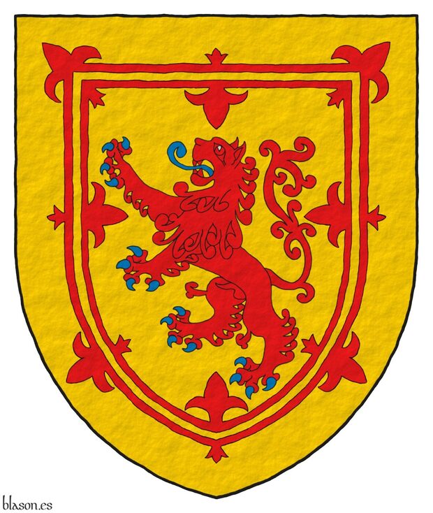 Escudo de oro, un león de gules, armado y lampasado de azur; un trechor doble flordelisado y contraflordelisado de gules.