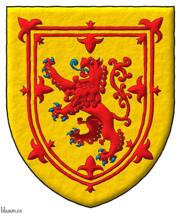 Escudo de oro, un león de gules, armado y lampasado de azur; un trechor doble flordelisado y contraflordelisado de gules.