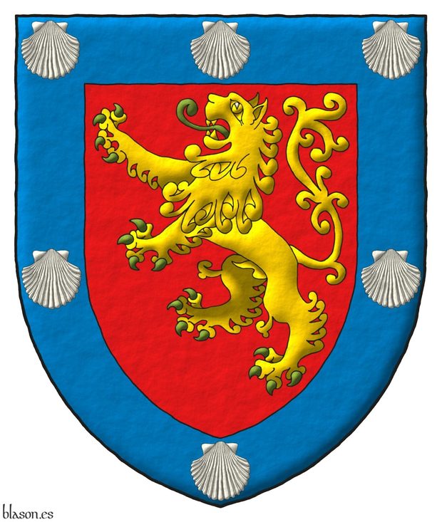 Escudo de gules, un len rampante de oro, lampasado y armado de sinople; una bordura de azur cargada de seis veneras de plata.