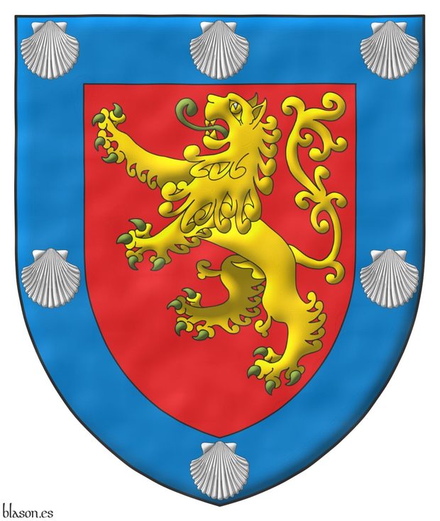 Gules, a lion rampant Or, langued and armed Vert; a bordure Azure charged with six escallops Argent.