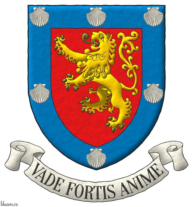 Gules, a lion rampant Or, langued and armed Vert; a bordure Azure charged with six escallops Argent. Moto: Vade Fortis Anime.