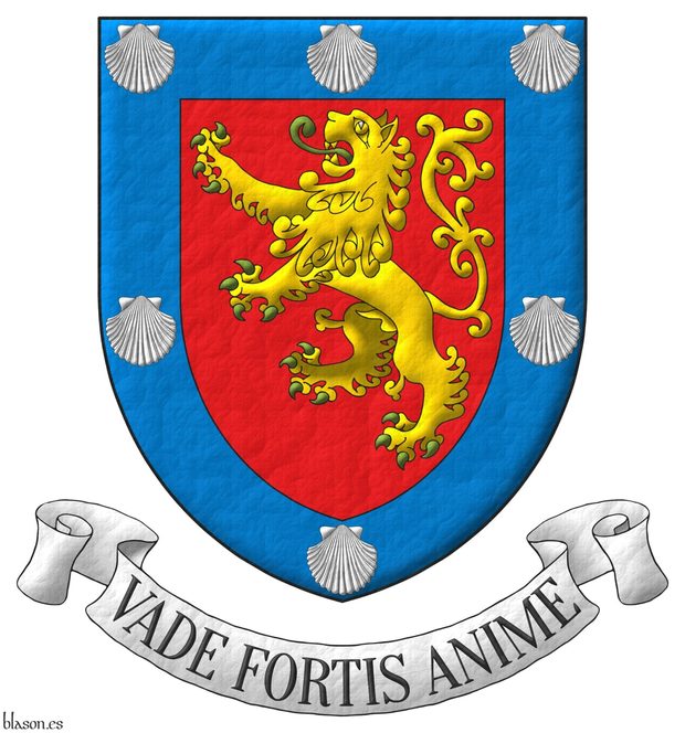 Escudo de gules, un len rampante de oro, lampasado y armado de sinople; una bordura de azur cargada de seis veneras de plata. Lema: Vade Fortis Anime.