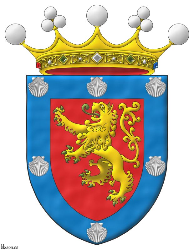 Escudo de gules, un len rampante de oro, lampasado y armado de sinople; una bordura de azur cargada de seis veneras de plata. Timbrado de una corona.