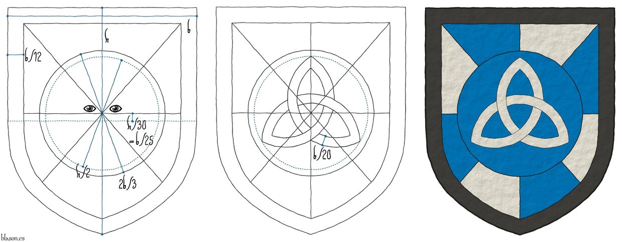 Escudo gironado de azur y plata, un roel de azur, cargado de una triquetra de plata; una bordura de sable.