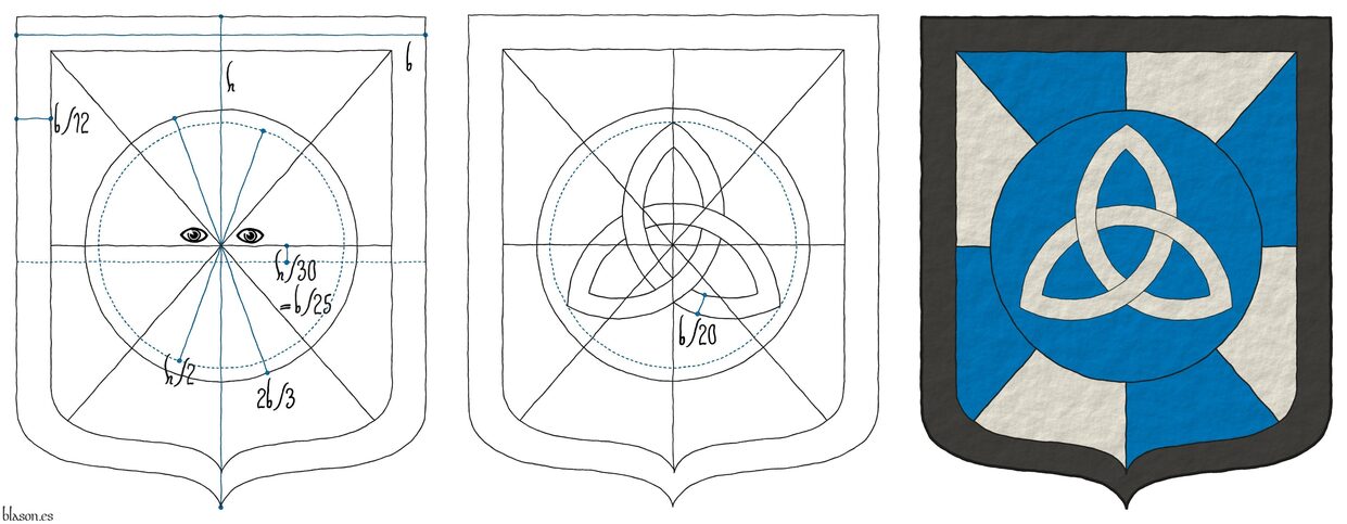 Gyronny Azure and Argent, on a hurt, a triquetra Argent; a bordure Sable.
