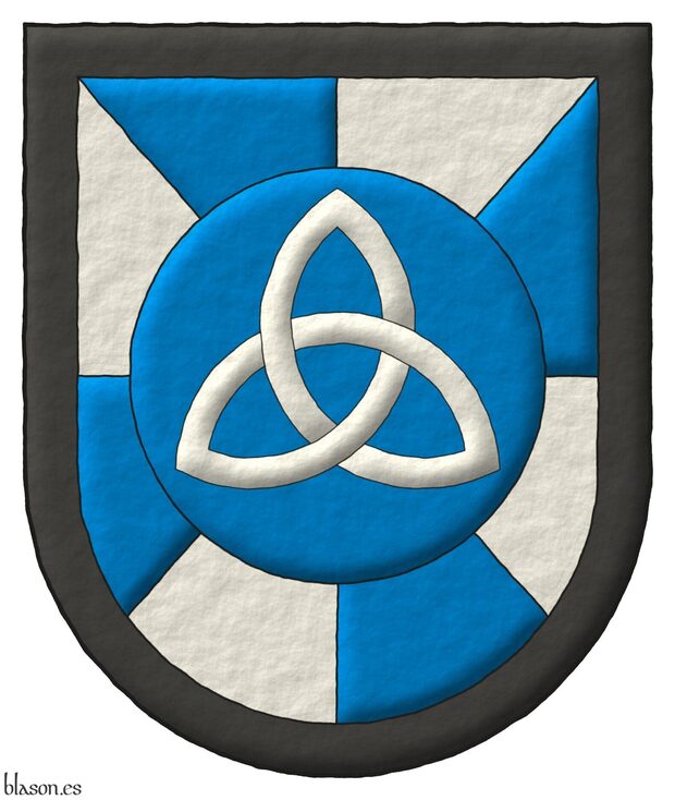 Escudo gironado de azur y plata, un roel de azur, cargado de una triquetra de plata; una bordura de sable.