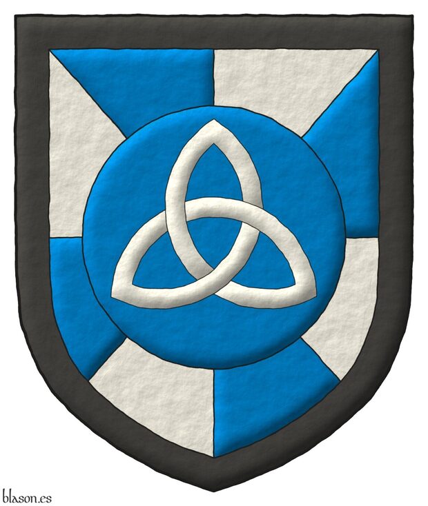 Escudo gironado de azur y plata, un roel de azur, cargado de una triquetra de plata; una bordura de sable.