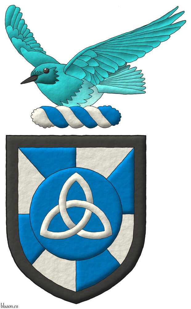 Escudo gironado de azur y plata, un roel de azur, cargado de una triquetra de plata; una bordura de sable. Timbrado de un burelete de plata y azur, cimado de un azulejo de las monta�as (Sialia currucoides) volando al natural.