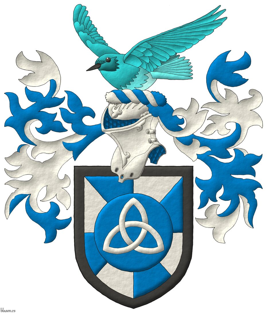 Escudo gironado de azur y plata, un roel de azur, cargado de una triquetra de plata; una bordura de sable. Timbrado de un yelmo adornado de dos lambrequines de azur doblados de plata, un burelete de plata y azur, cimado de un azulejo de las monta�as (Sialia currucoides) volando al natural.