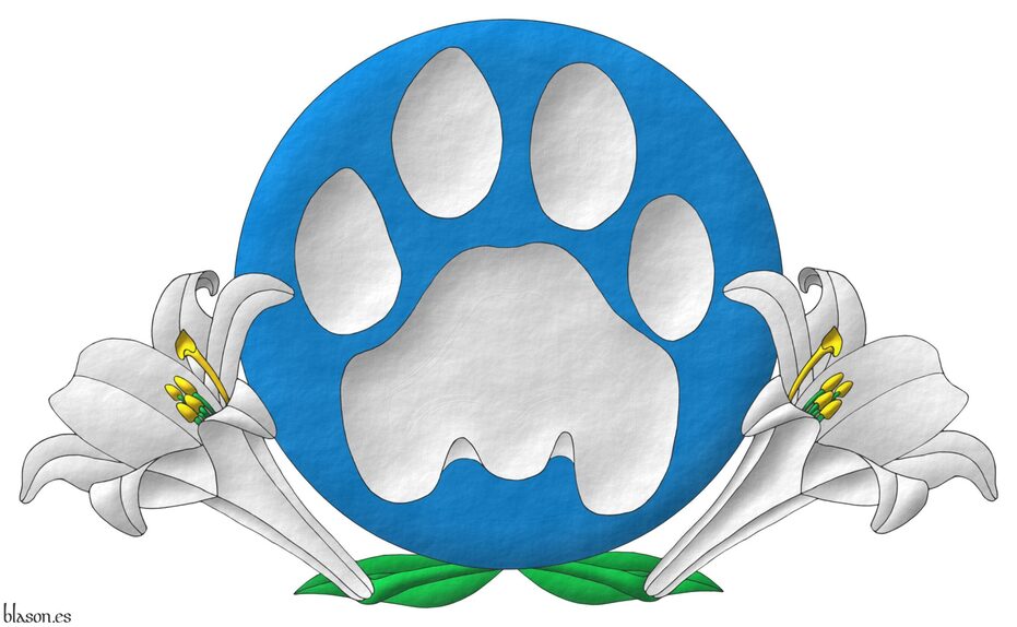 On a hurt a lion's footprint Argent. Supporters: Two Easter lilies proper.