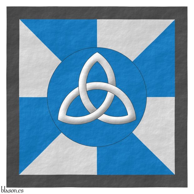 Gyronny Azure and Argent, on a hurt, a triquetra Argent; a bordure Sable.