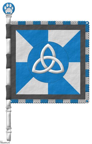 Gyronny Azure and Argent, on a hurt, a triquetra Argent; a bordure Sable.