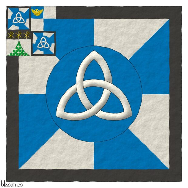 Escudo gironado de azur y plata, un roel de azur, cargado de una triquetra de plata; una bordura de sable; un cant�n cuartelado: 1� y 4� gironado de azur y plata, un roel de azur, cargado de una triquetra de plata; una bordura de sable; 2o cuartelado de azur y plata, en el cuartel 1o, un pel�cano desplegado de oro; 3o de plata cortinado curvil�neo de sinople sembrado de cruces clech� de plata, en un jefe de sable, tres crismones de oro.