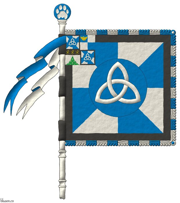 Escudo gironado de azur y plata, un roel de azur, cargado de una triquetra de plata; una bordura de sable; un cant�n cuartelado: 1� y 4� gironado de azur y plata, un roel de azur, cargado de una triquetra de plata; una bordura de sable; 2o cuartelado de azur y plata, en el cuartel 1o, un pel�cano desplegado de oro; 3o de plata cortinado curvil�neo de sinople sembrado de cruces clech� de plata, en un jefe de sable, tres crismones de oro.