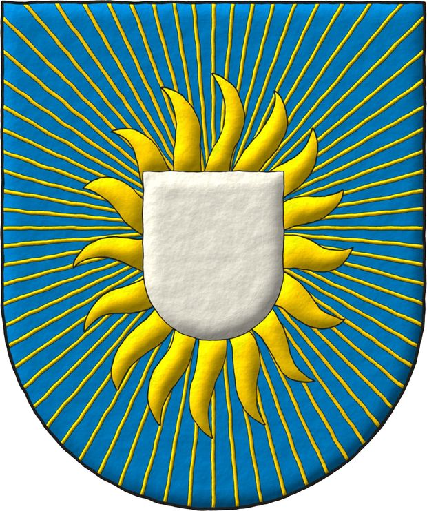 Azure, an inescutcheon Argent, enflamed in orle of sixteen points and irradiated throughout of sixty-four lines Or.
