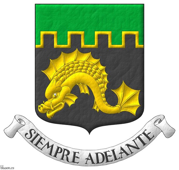 Sable, a dolphin naiant Or; a chief embattled Vert, fimbriated Or. Motto: «Siempre Adelante».